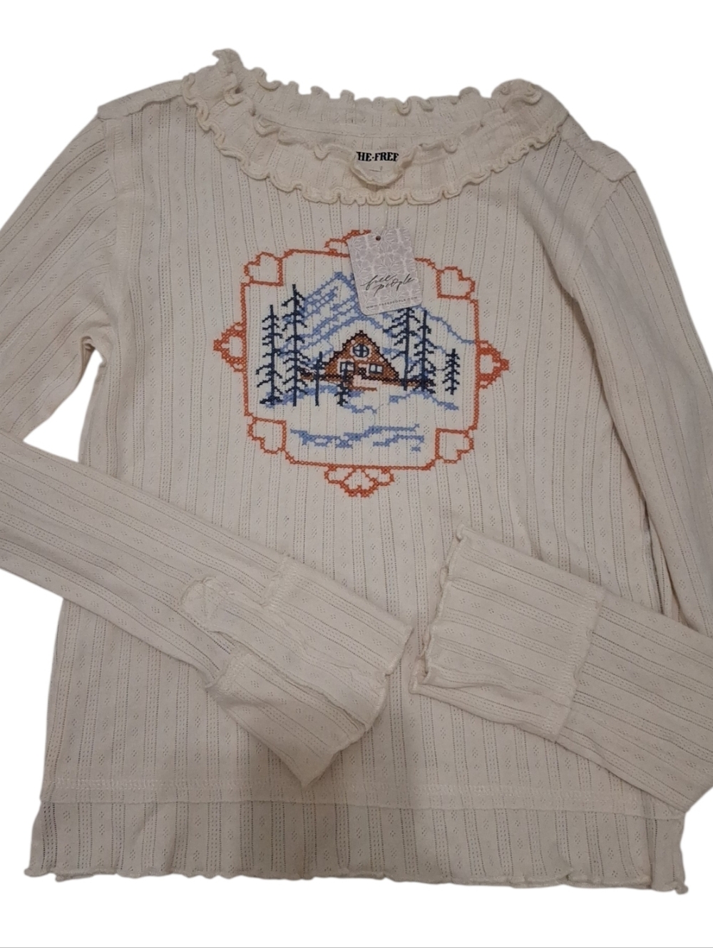 We The Free People Through The Woods Tee  Embroidered Cross Stitch Top Size S - Picture 2 of 5